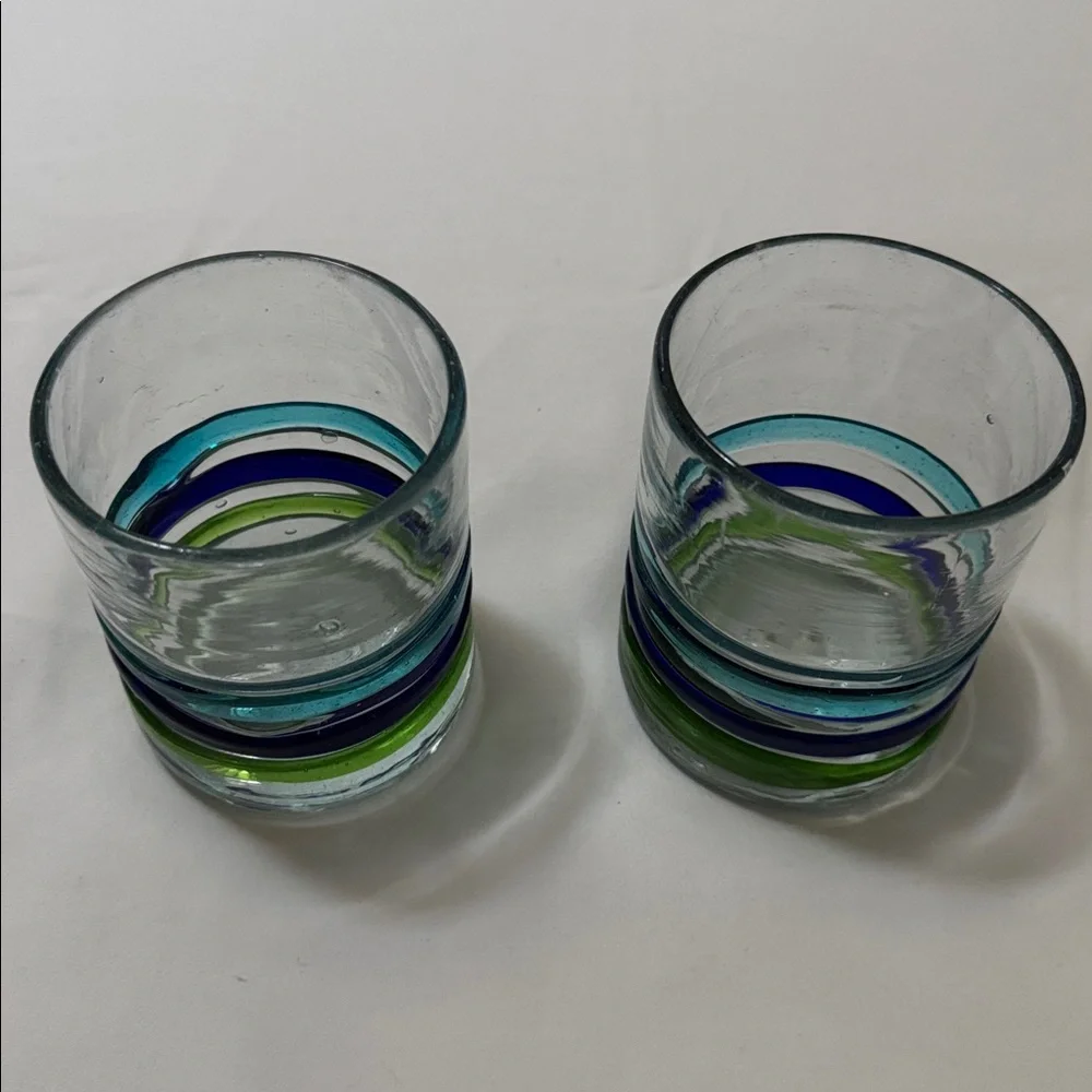 MEXICO HANDBLOWN TUMBLER GLASSES 2 SET STRIPES Cobalt Aqua Green Barware 12 oz